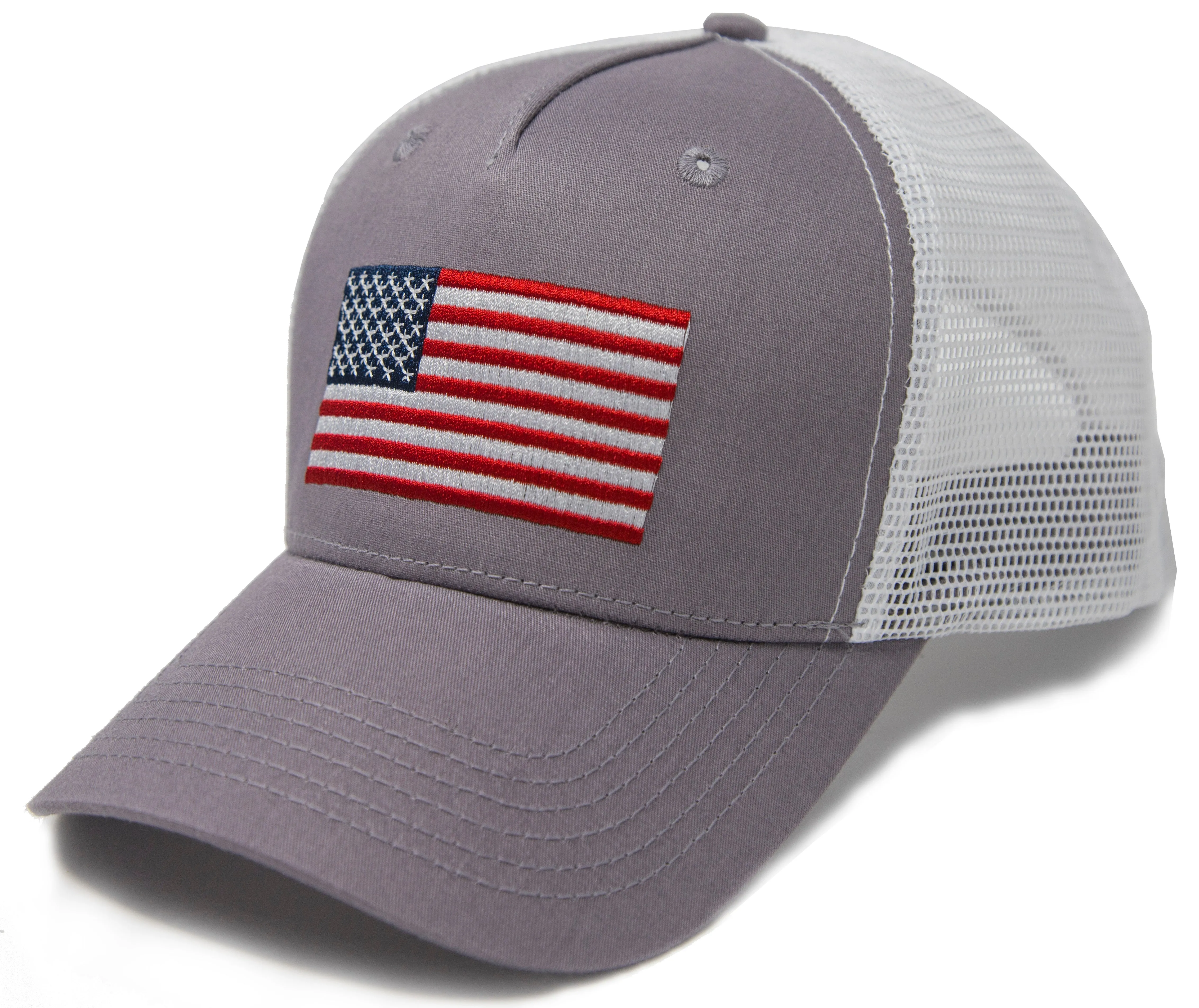 American Flag Trucker Baseball Snapback Hat (Grey White) - International Tie