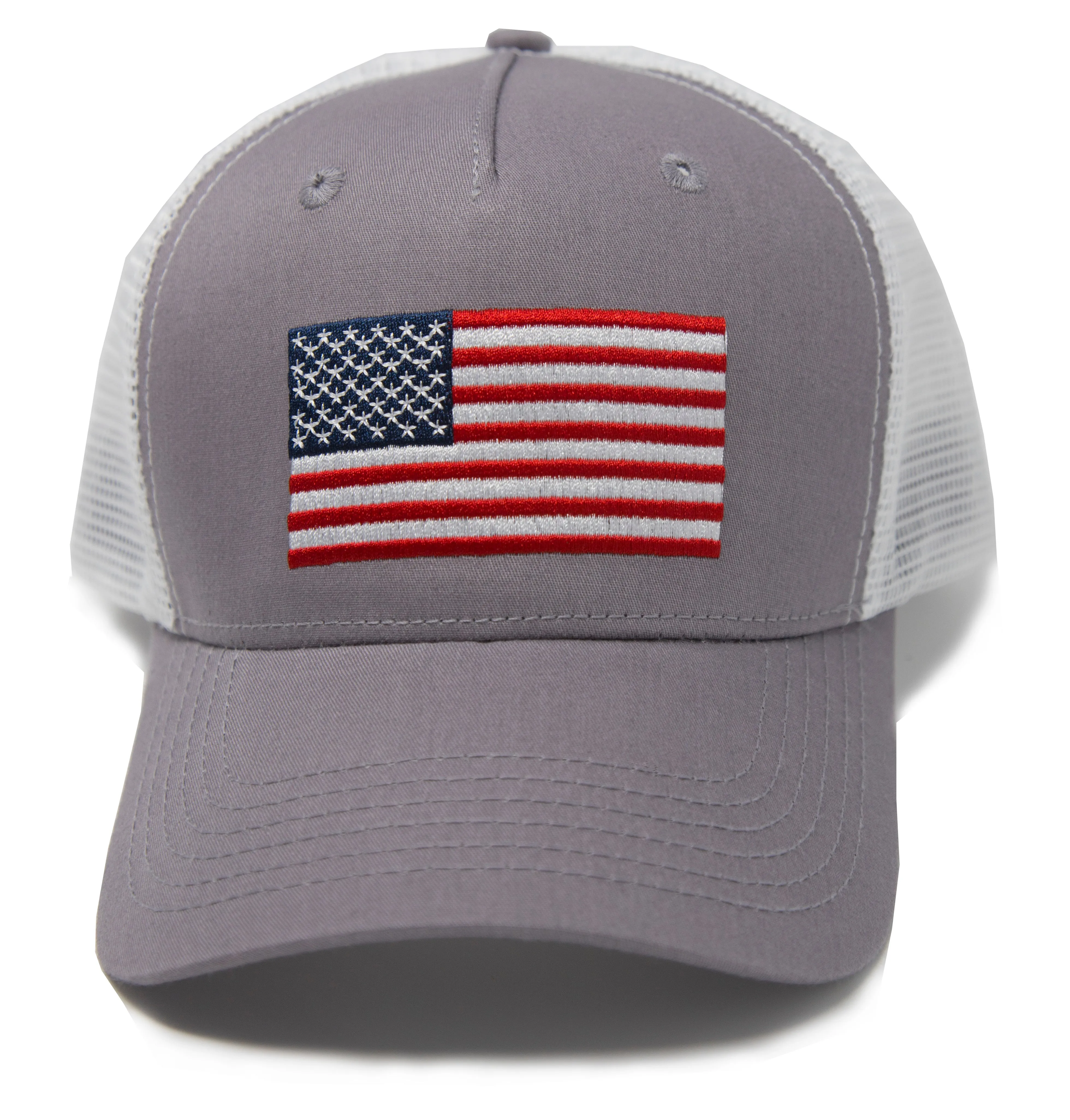 American Flag Trucker Baseball Snapback Hat (Grey White) - International Tie