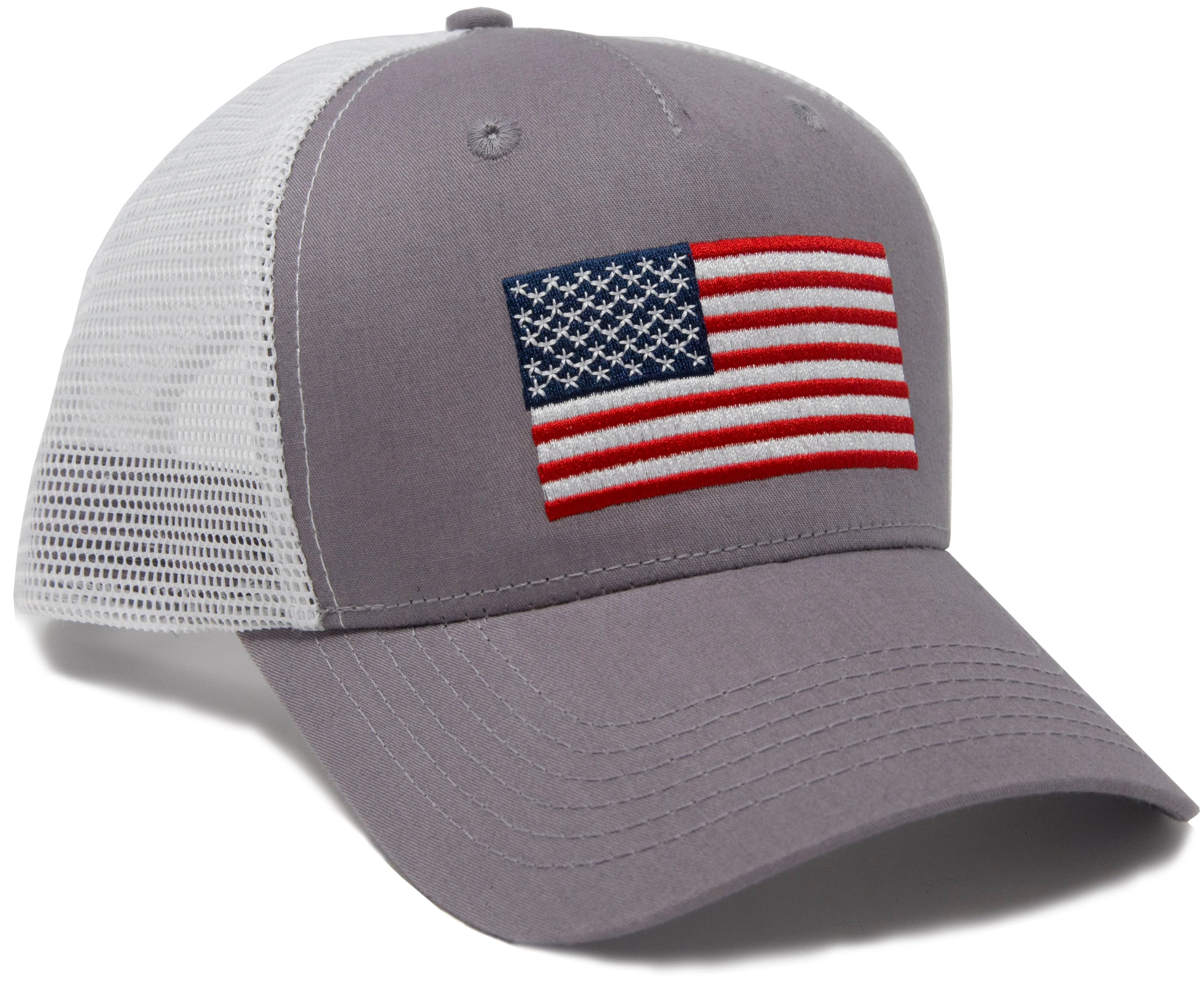 American Flag Trucker Baseball Snapback Hat (Grey White) - International Tie