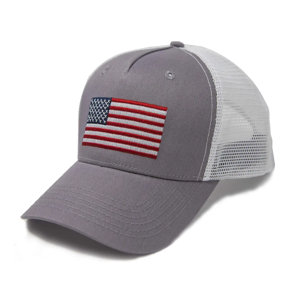 American Flag Trucker Baseball Snapback Hat (Grey White) - International Tie