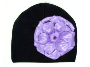 Black Cotton Hat with Metallic Purple Rose