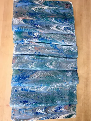 Blue Combed Swirl Patterned Habotai Silk 14x72"