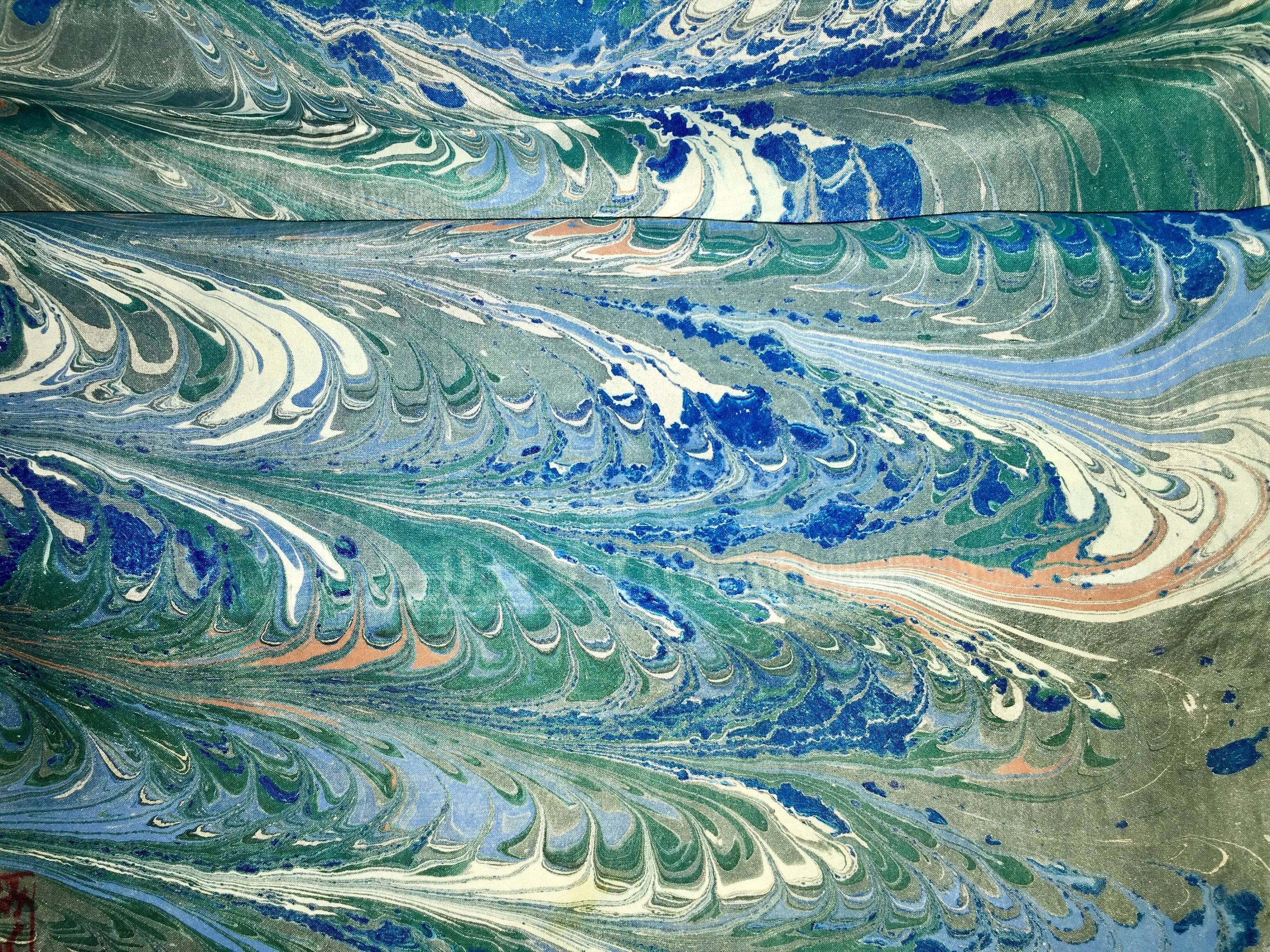 Blue Combed Swirl Patterned Habotai Silk 14x72"