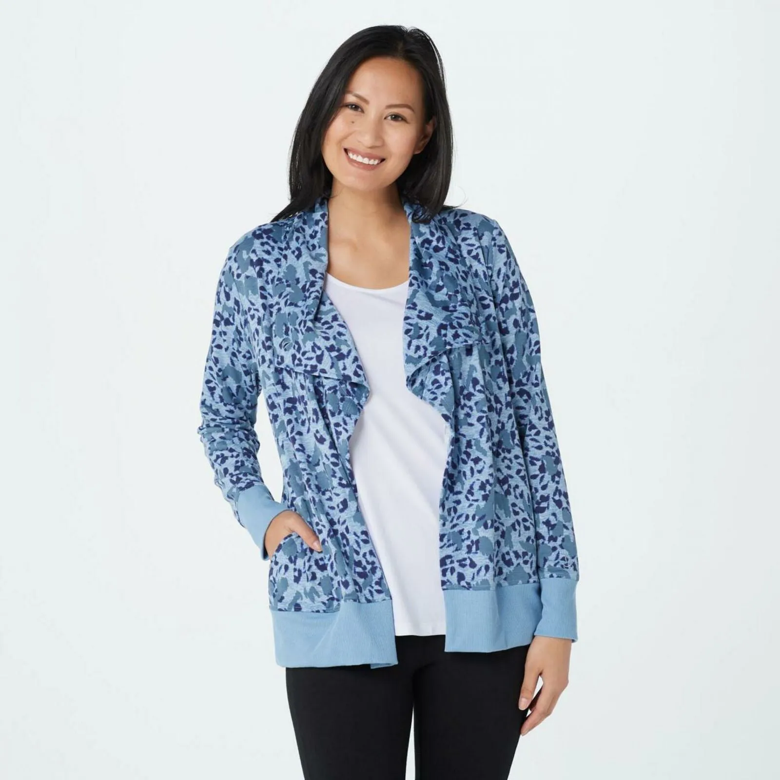Cuddl Duds Lightweight Drape Front Cardigan Blue Heather Animal Small