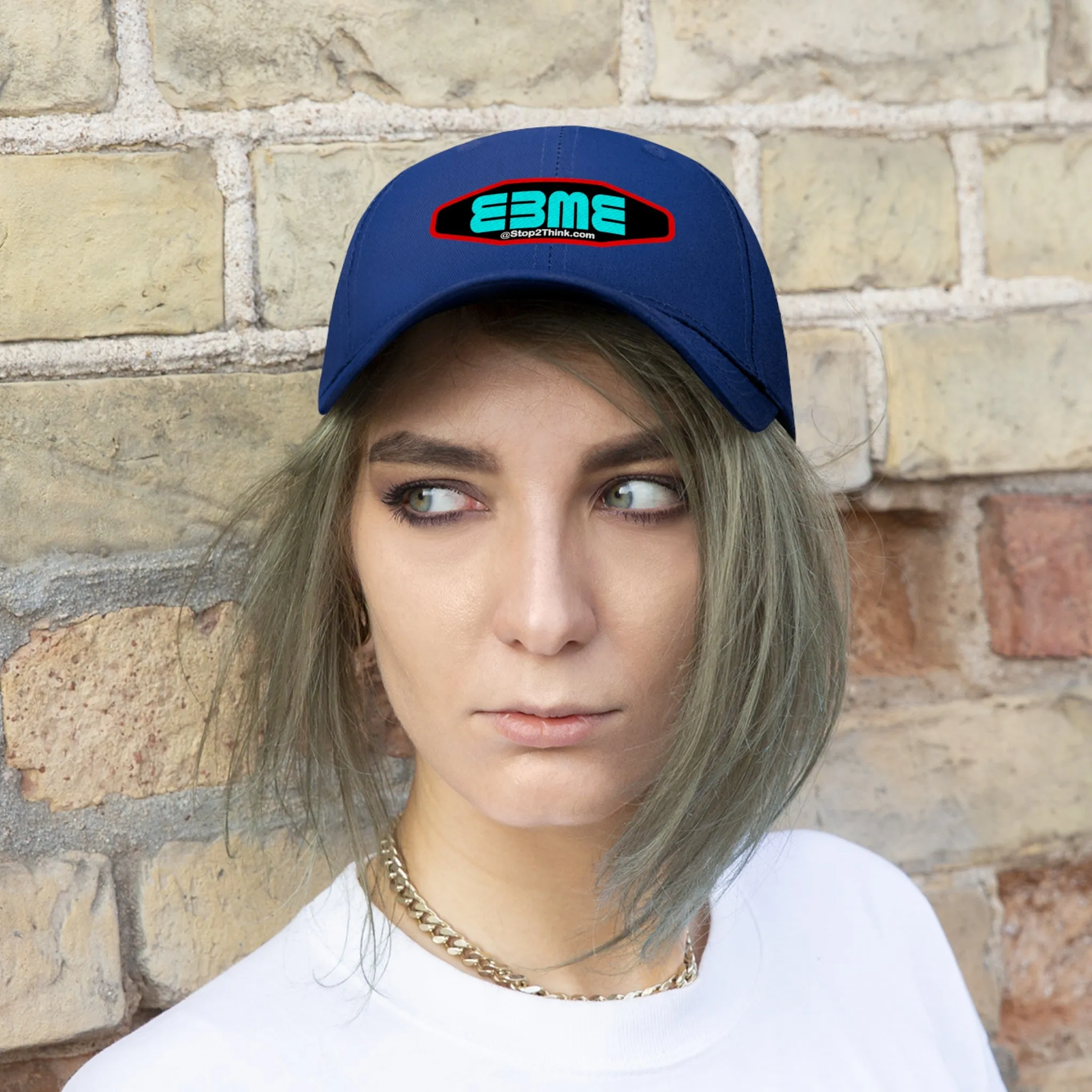 E3ME@Stop2Think.com (Blue) Encourages, Educates and Entertains with Motivational Education!  Unisex Twill Hat