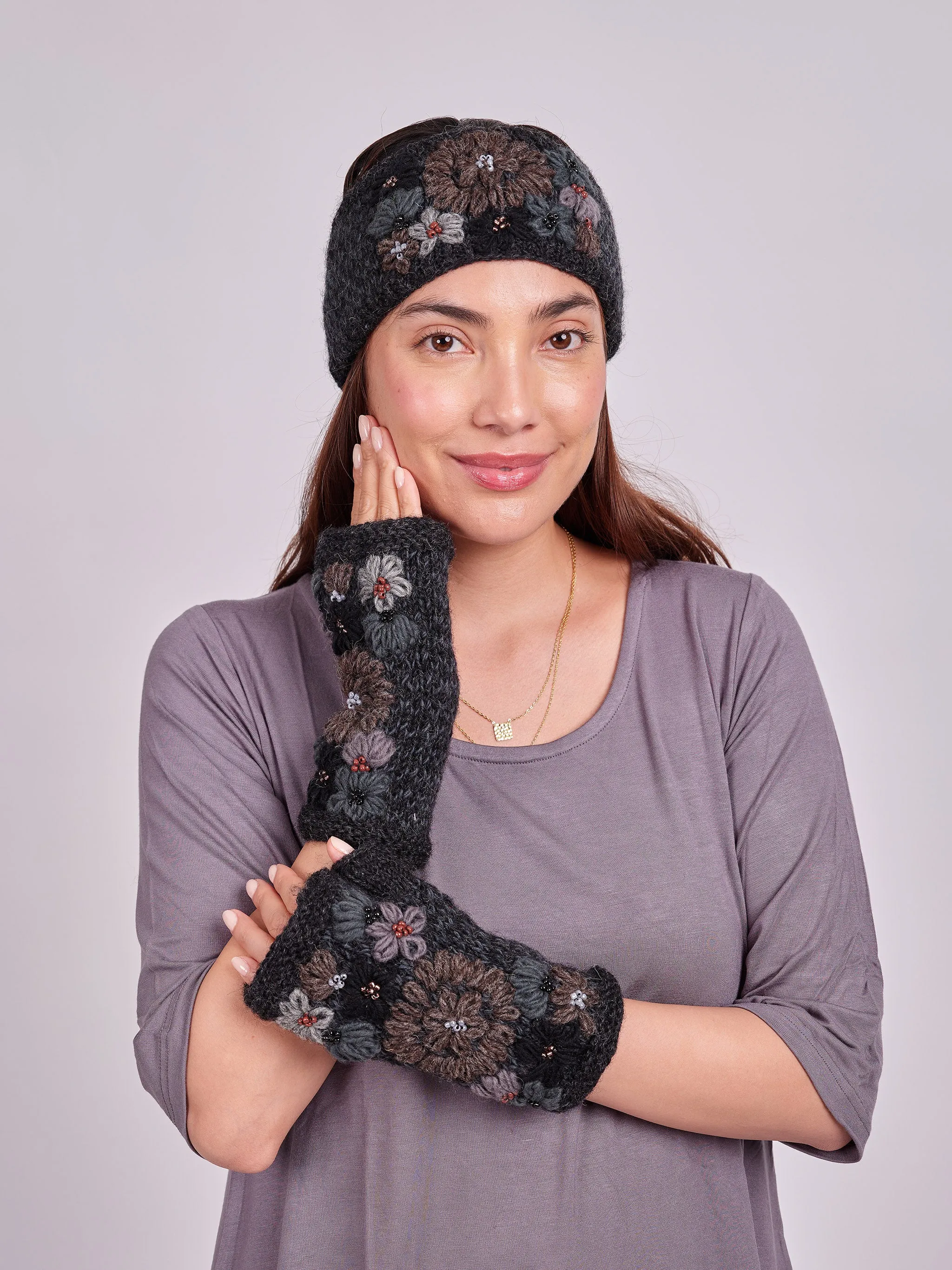 Embroidery Wool Beaded Floral Beanie Set.