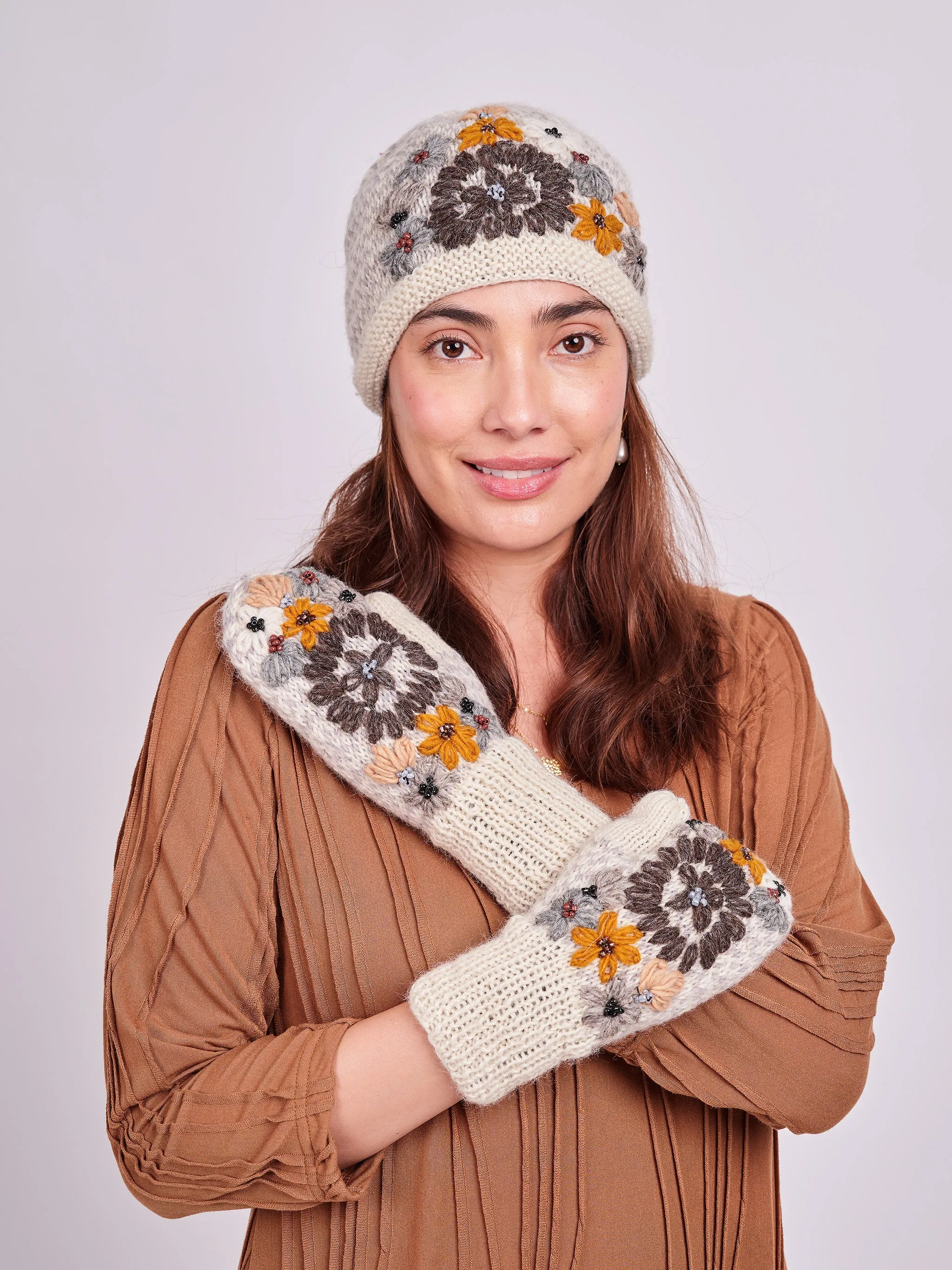 Embroidery Wool Beaded Floral Beanie Set.