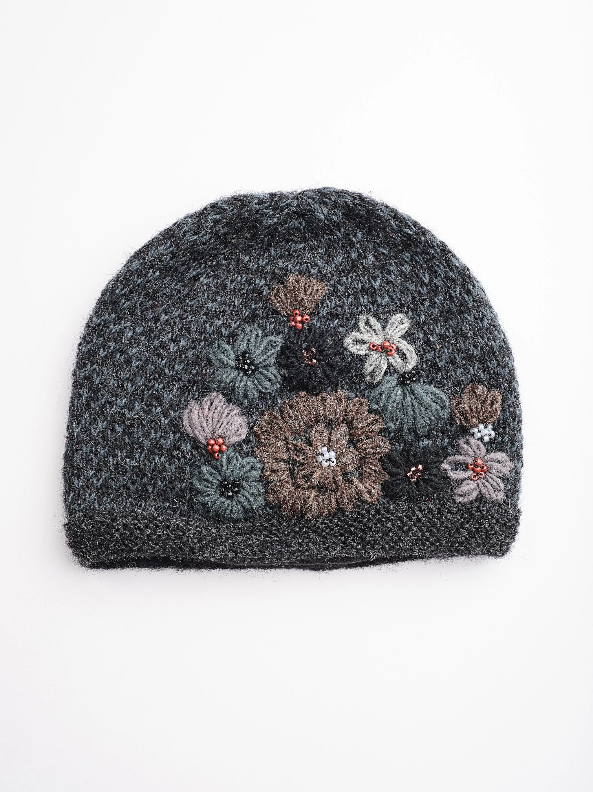 Embroidery Wool Beaded Floral Beanie Set.