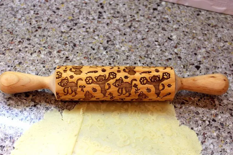 ENGRAVED Embossing Rolling Pin 2 Cat, Christmas Gift, Clay Stamp, Baking Gift, Shortbread Sugar Cookie