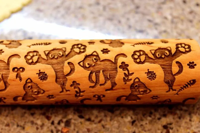 ENGRAVED Embossing Rolling Pin 2 Cat, Christmas Gift, Clay Stamp, Baking Gift, Shortbread Sugar Cookie