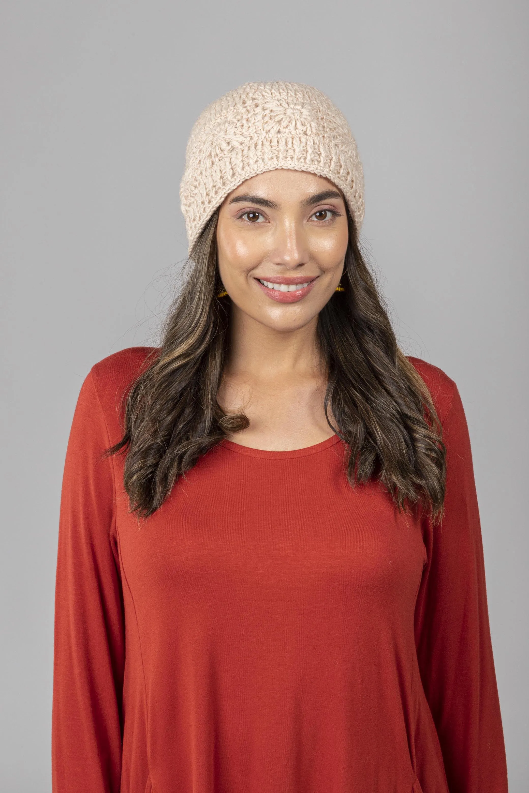 Floral Crochet Merino Wool Beanie