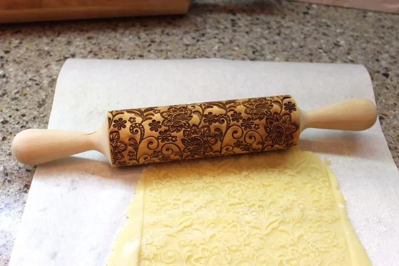 Flowers Embossed Rolling Pin, Valentine's Day,Clay Stamp,Shortbread Sugar Cookie, Christmas Gift