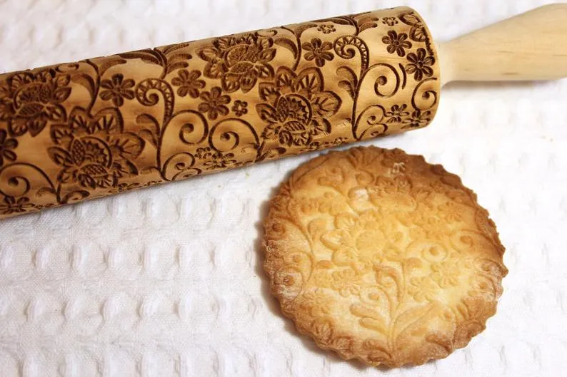 Flowers Embossed Rolling Pin, Valentine's Day,Clay Stamp,Shortbread Sugar Cookie, Christmas Gift