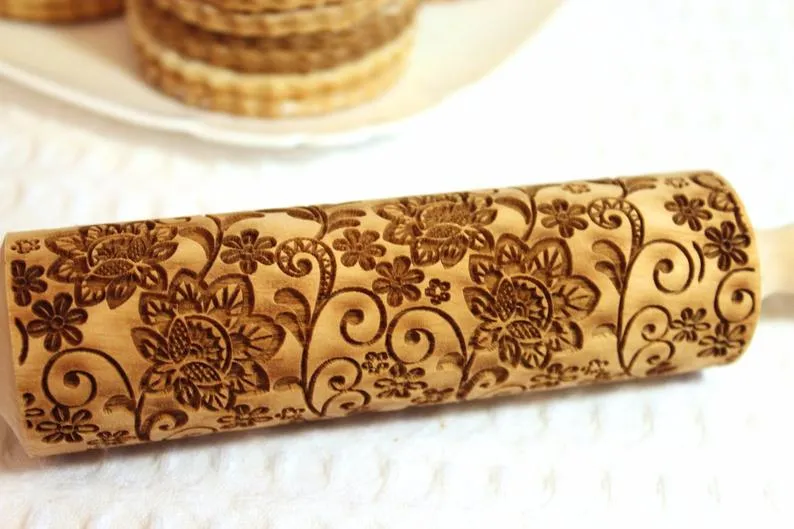 Flowers Embossed Rolling Pin, Valentine's Day,Clay Stamp,Shortbread Sugar Cookie, Christmas Gift