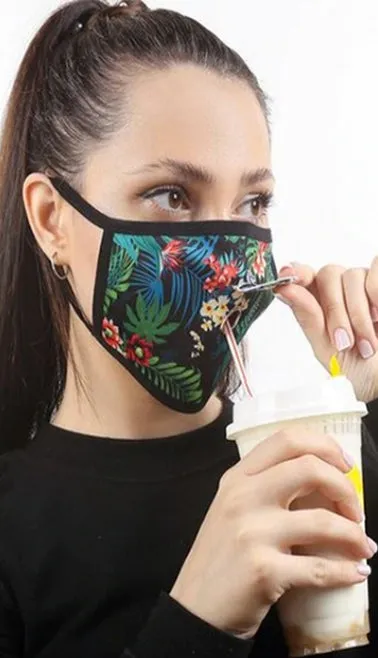 Fun Printed Tropical Face Mask with Magnetic Straw Hole