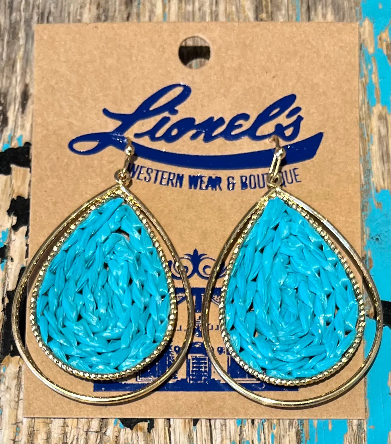 Gold Teardrop Earrings w/ Turquoise Straw Center