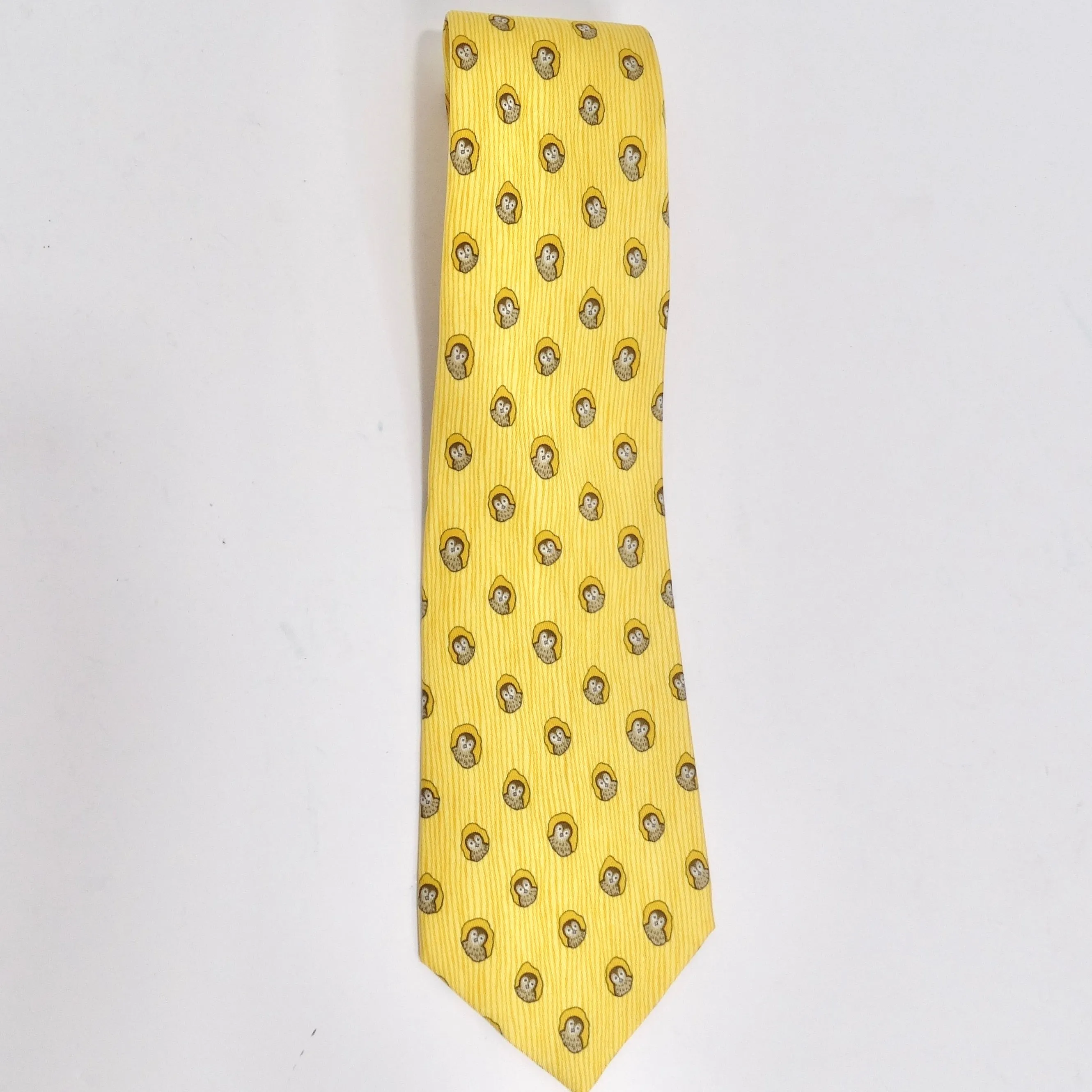 Hermes 1990s Yellow Owl Tie