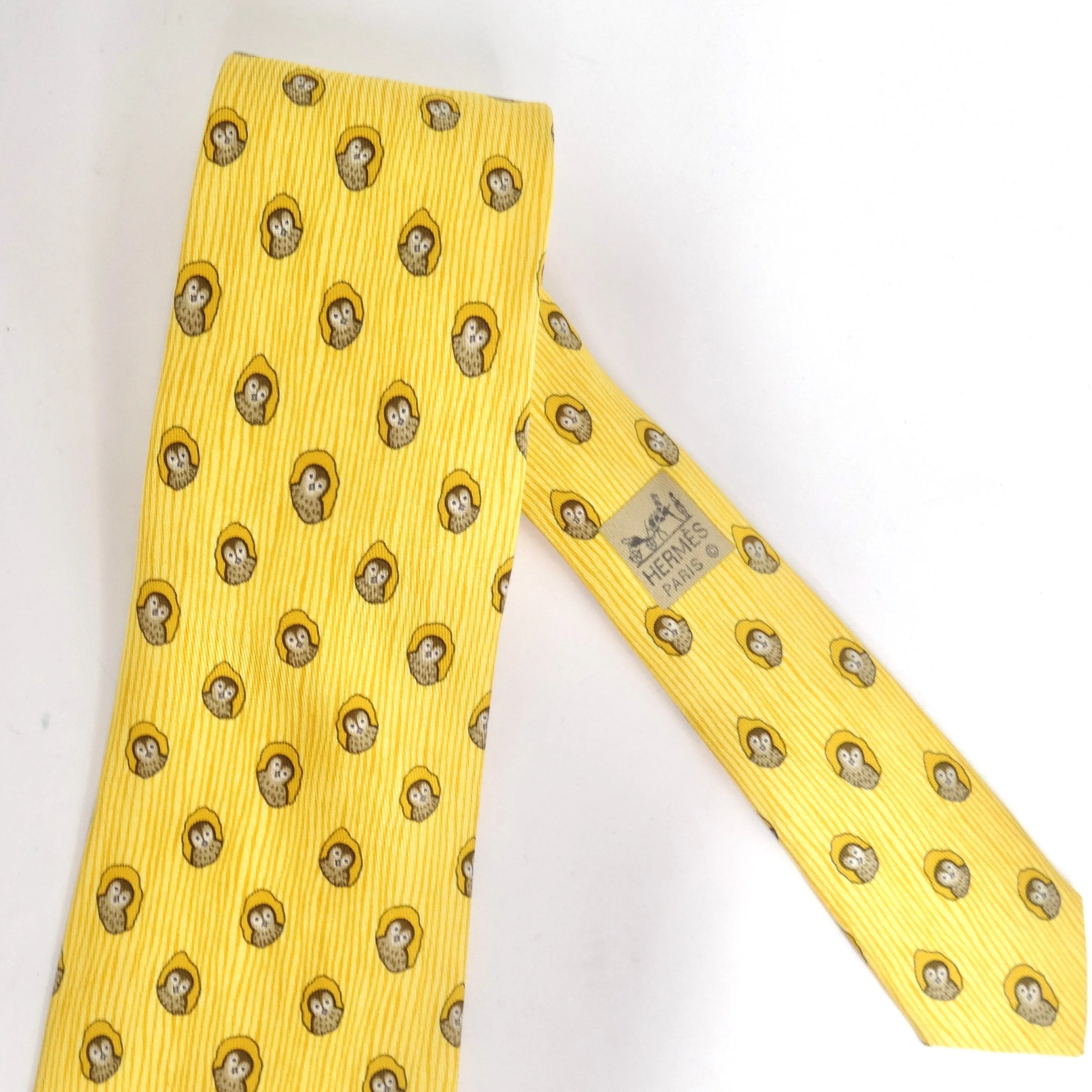 Hermes 1990s Yellow Owl Tie
