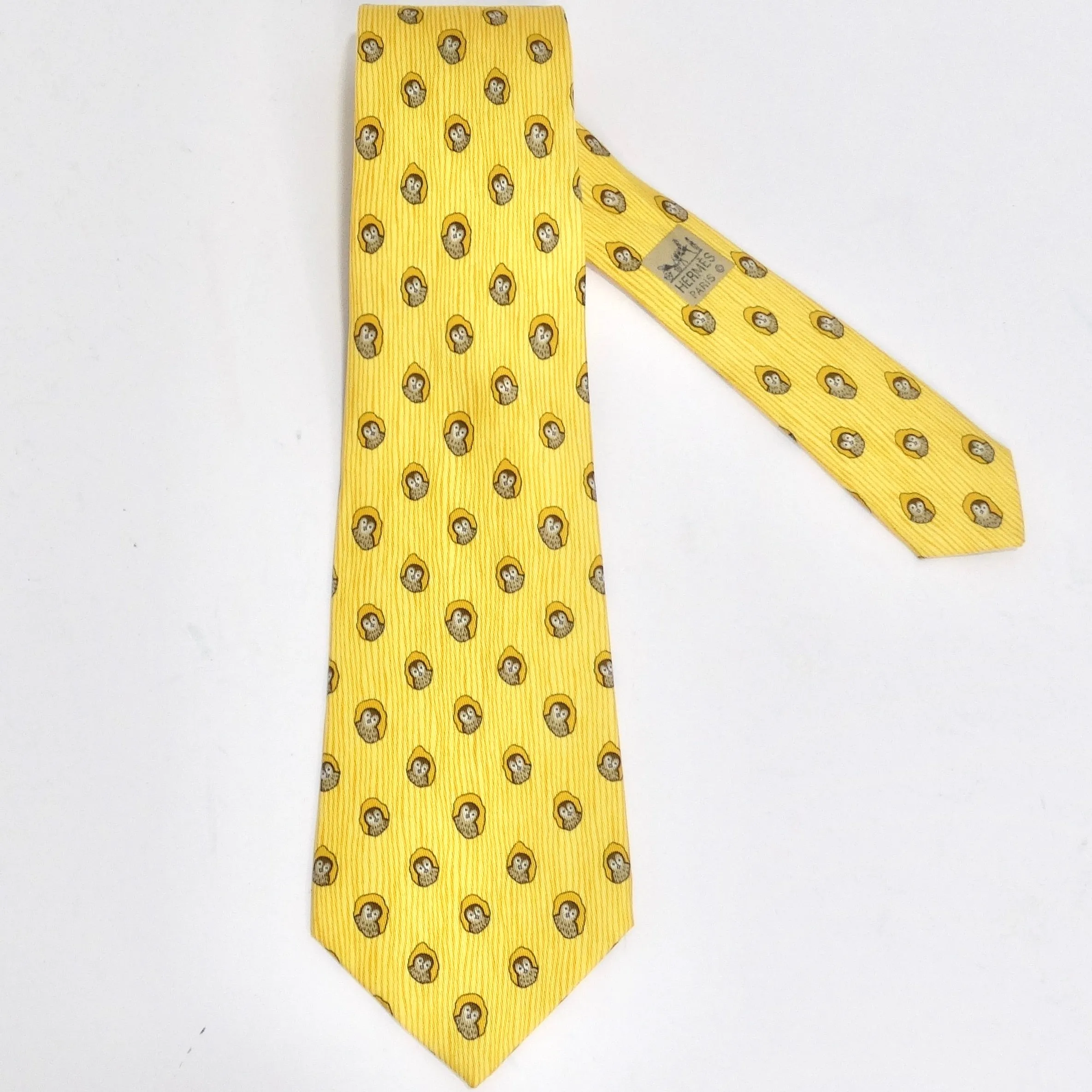 Hermes 1990s Yellow Owl Tie