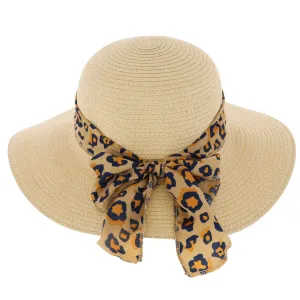 Ladies Summer Straw Hat with Natural Leopard Print Scarf Band