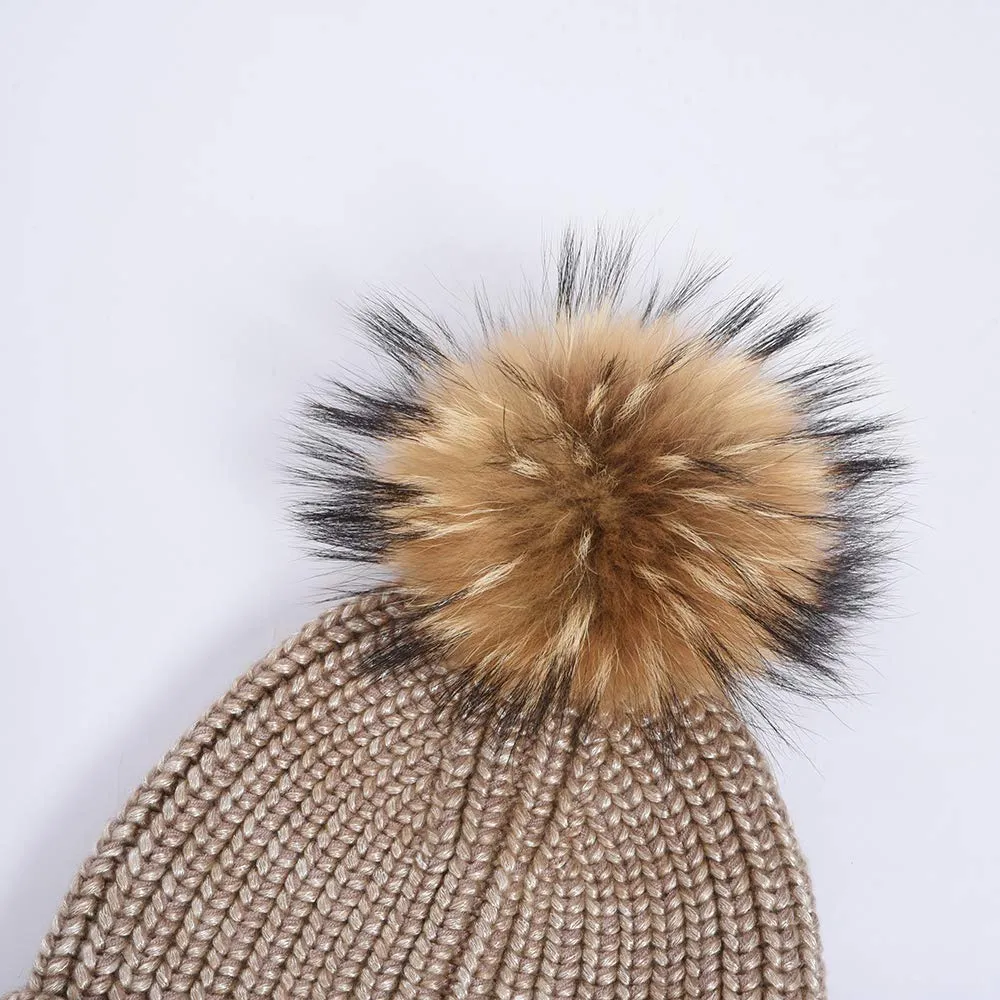 Ladies Winter Beanie Knitted Hat Real Large Raccoon Fur Pom Pom Caps Skullies Camel
