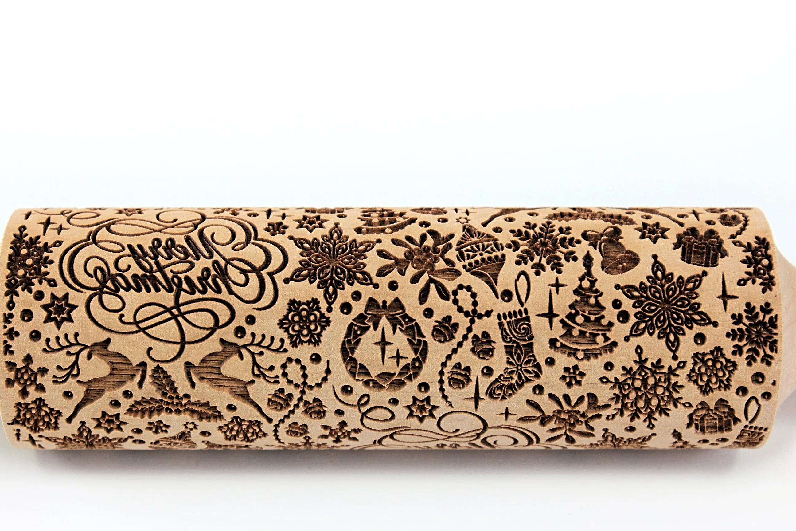 Merry Christmas Rolling Pin Embossed, Snowflake, Reindeer, Misletoe Shortbread Cookie