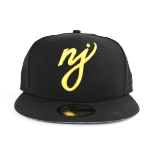 NJ Script New Era 59Fifty Fitted Hat (Black Yellow Pirates color Way Gray Under Brim)