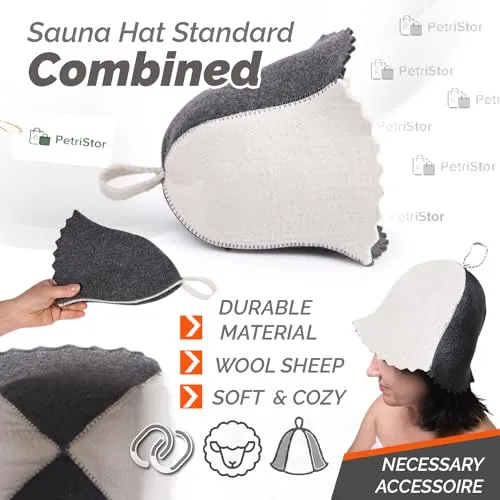 PetriStor Sauna Hat Standard - Sauna Hat for Women - Wool Sauna Hat - Sauna Hat for Men - Bathhouse hat - Natural Felt Sauna Cap (Combined) Size S