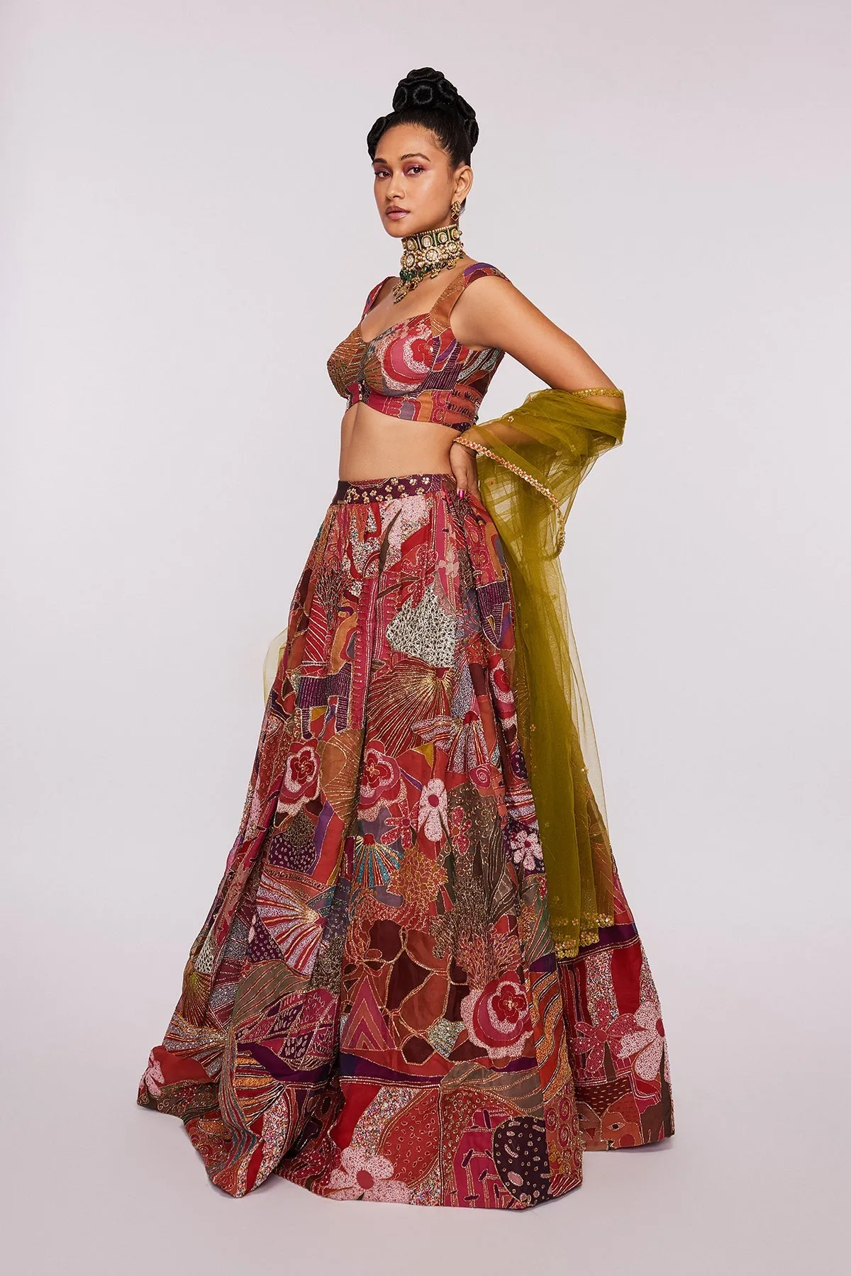 Pink Divergence Indian Organza Printed And Embellished Top And Skirt With Dupatta