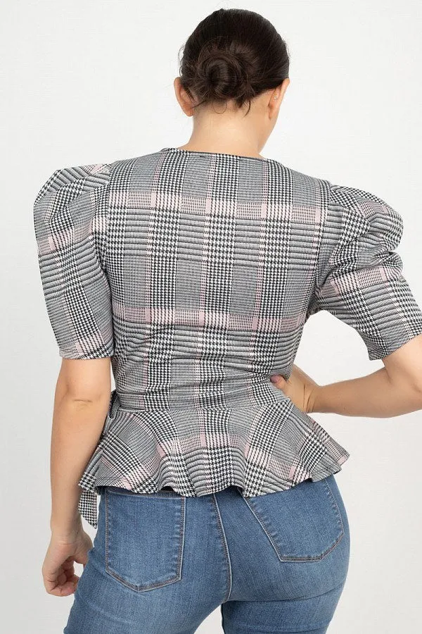 Plaid Front Wrap Puff Sleeve Top