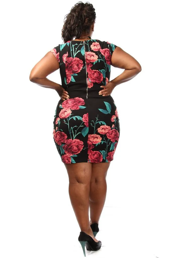 Plus Size Rose Unique Printed Sexy Bodycon Dress
