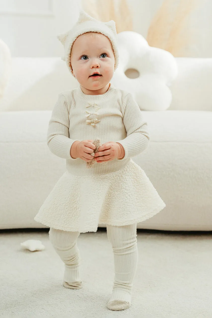 "Sien" Sparkly Ecru Bouclé Drop Waist Dress