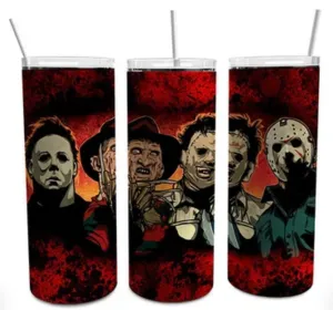 Red horror movie characters Leather-face, Jason, Michael and Freddy-stainless steel Tumbler