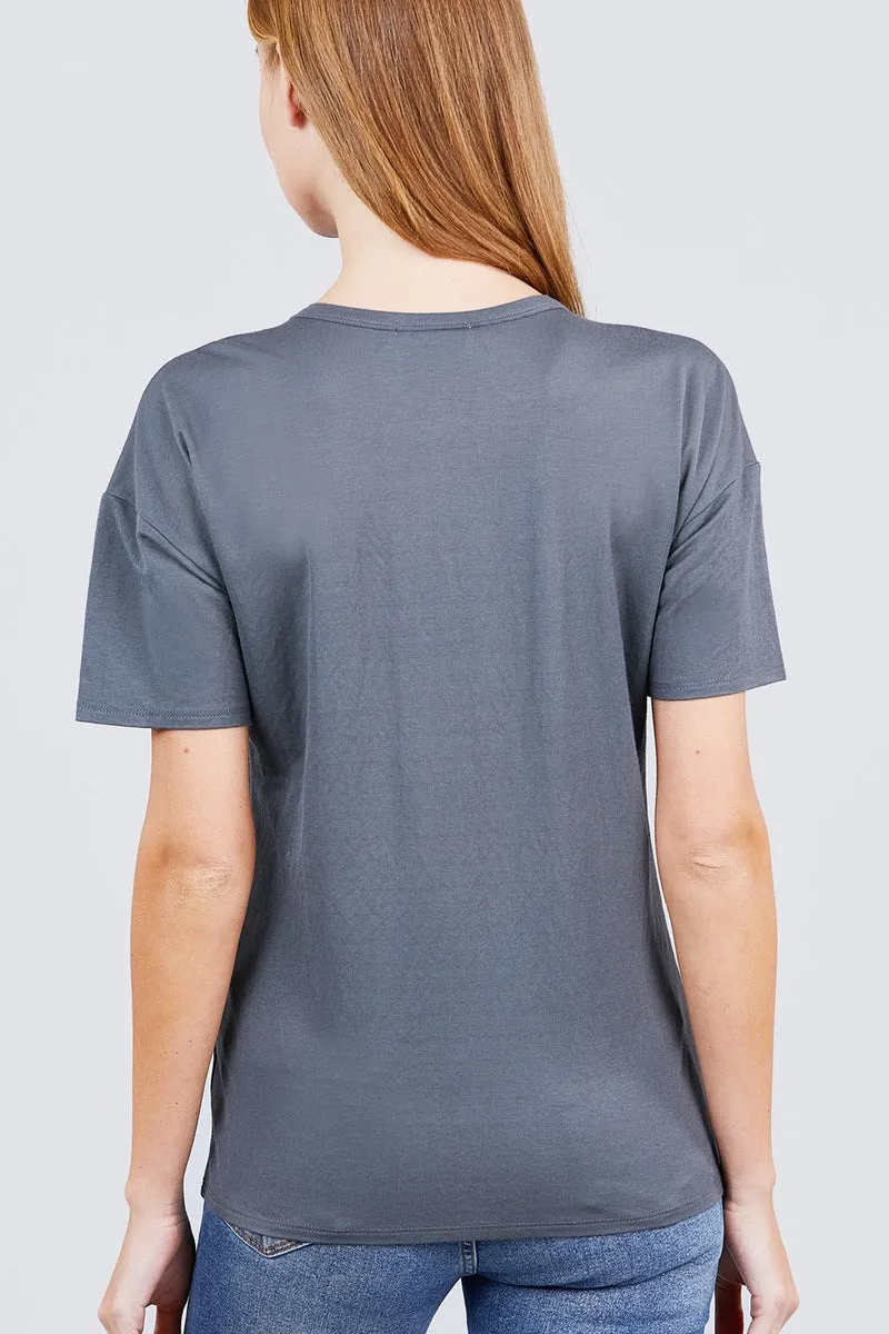 Short Sleeve Round Neck One Pocket Box Knit Top
