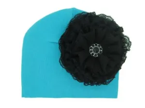 Teal Cotton Hat with Black Lace Rose