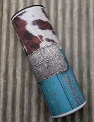 Tumbler- Cow print, buckle, distressed teal wood
