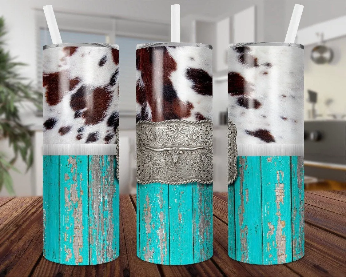 Tumbler- Cow print, buckle, distressed teal wood