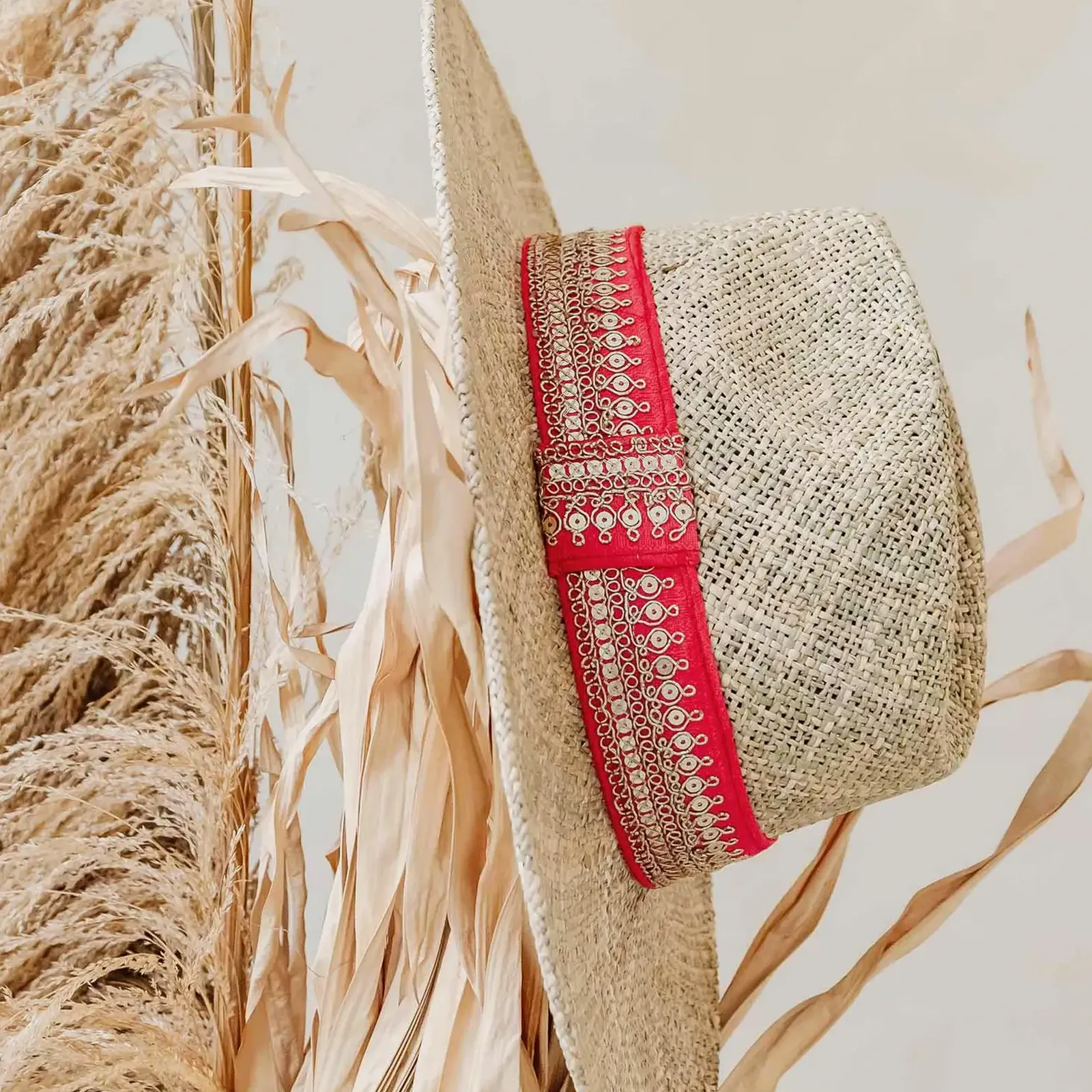 Vibrant Red and Gold Band Straw Fedora