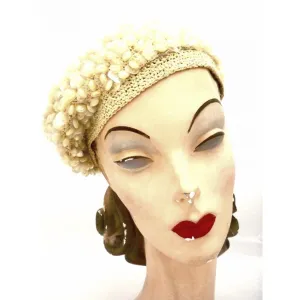Vintage Ladies Ivory Knit Beret  Hat Unique Aurora Borealis Beads 1950s