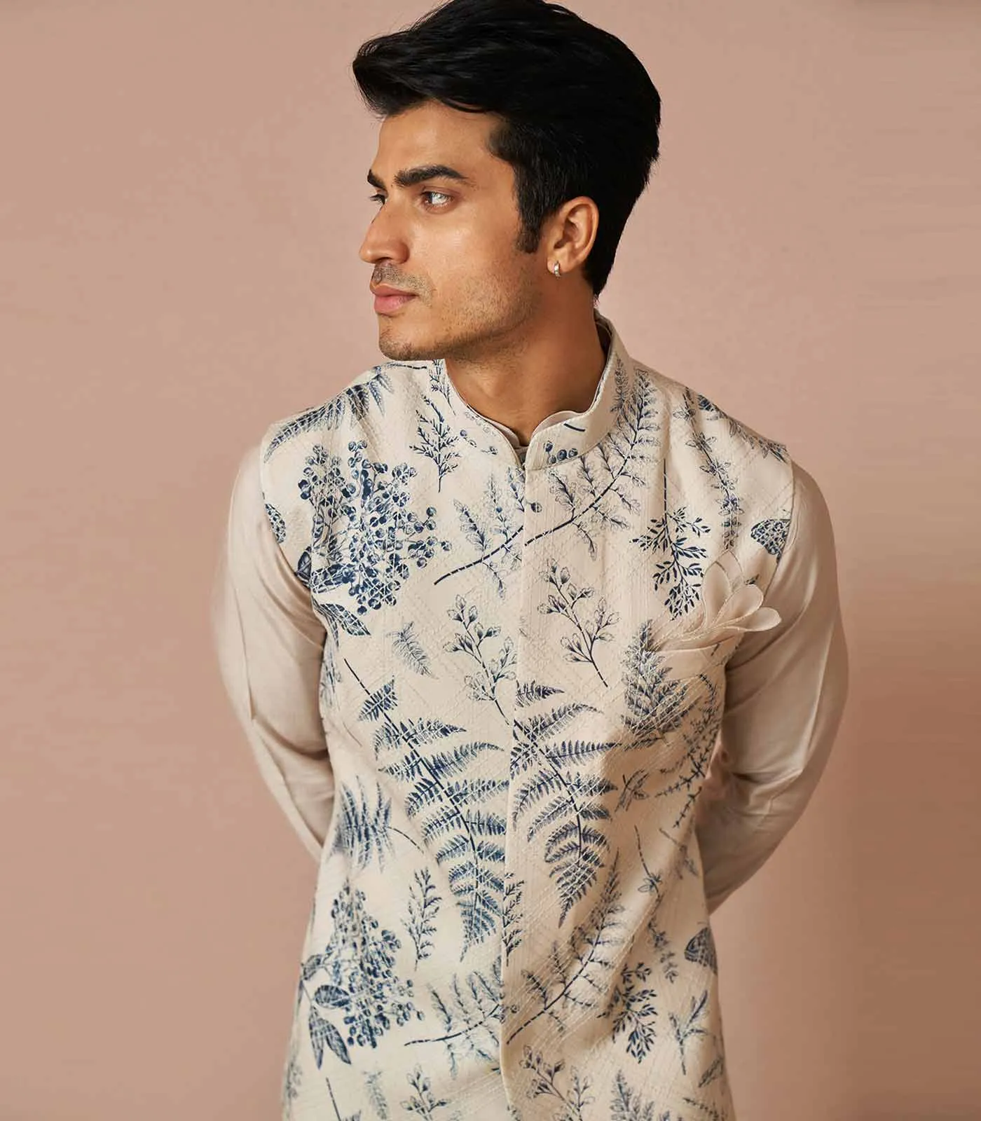 WHITE LINEN FLORAL PRINTED KURTA SET