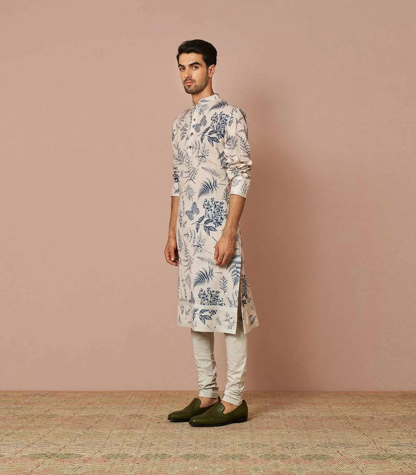WHITE LINEN FLORAL PRINTED KURTA SET